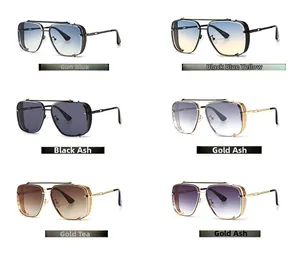 Detailed grid showing six square sunglasses with metal frames and colorful gradient lenses