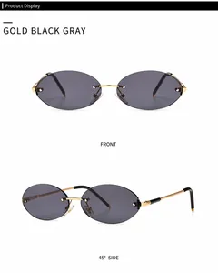 Front and 45-degree side view of oval rimless sunglasses with gold black gray metal frames