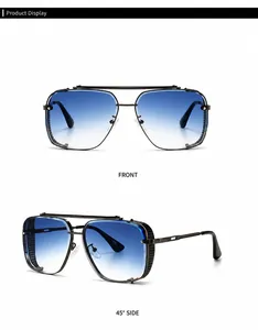 Front and 45-degree side views of gunmetal aviator sunglasses with blue gradient lenses