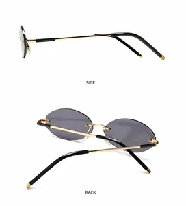Detailed side and back views of oval rimless sunglasses with gold metal temples