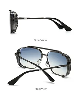 Detail view of steampunk aviator sunglasses with gunmetal mesh side shields and blue lenses