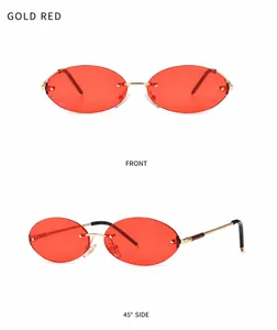 Front and side view of oval rimless sunglasses with red lenses and gold metal frame