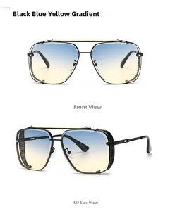 Detail view of square aviator sunglasses with blue-yellow gradient lenses and metal frames