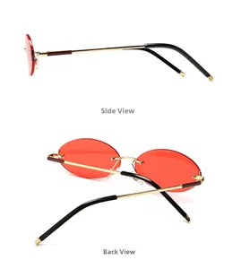 Detailed side and back view of retro oval sunglasses with red lenses and gold metal temples