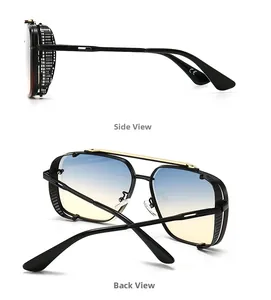 Detail view of steampunk sunglasses with gold metal frame and blue yellow gradient lenses