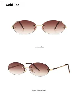 Detailed front and 45-degree side view of rimless oval gold tea gradient sunglasses