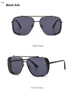 Detailed front and side views of steampunk square sunglasses with gold top bar