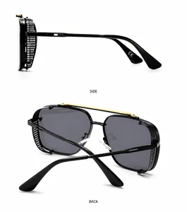 Detail view of steampunk sunglasses with side mesh shields and golden double bridge