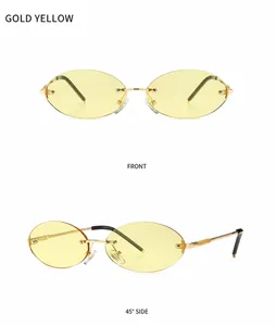 Front and 45-degree views of oval rimless gold sunglasses with yellow transparent lenses