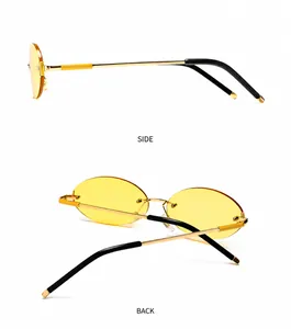 Side and back views of oval sunglasses with gold metal frames and yellow lenses