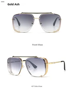 Macro detail of gold metal aviator sunglasses with gray gradient lenses and CE mark