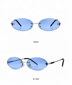 Detail of rimless oval sunglasses with silver metal frame and blue translucent lenses