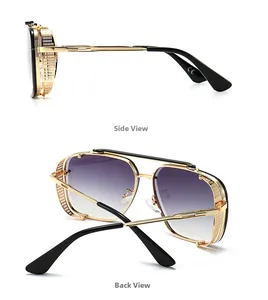 Detailed side and back view of retro square sunglasses with mesh shields and gold frames