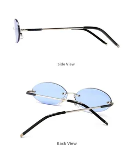 Detailed side and back views of retro oval sunglasses with blue lenses and gold metal frame