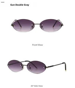 Front and side view of retro oval rimless sunglasses with gunmetal grey frame and gradient lenses