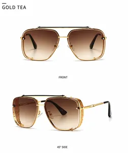 Modern retro square sunglasses in gold tea finish with detailed side mesh shield design