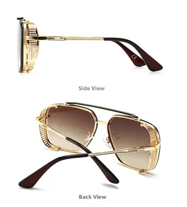Macro view of vintage steampunk sunglasses with gold metal frame and mesh side shields