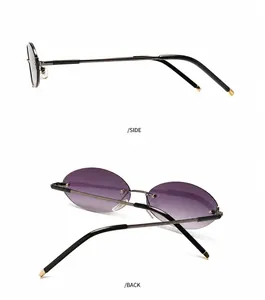 Detail view of purple gradient oval sunglasses showing metallic temples from side and back