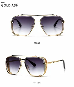 Modern retro square sunglasses with gold metal frame and gear texture temples
