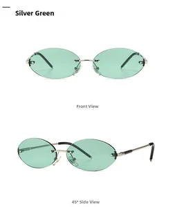 Retro oval rimless sunglasses with silver metal frame and light green tinted lenses