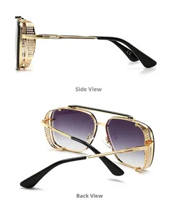 Detail view of gold steampunk sunglasses featuring metal mesh side shields and CE marking