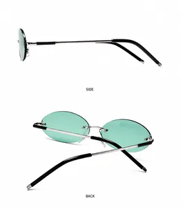 Detail view of oval rimless sunglasses with light green lenses and silver metal temples