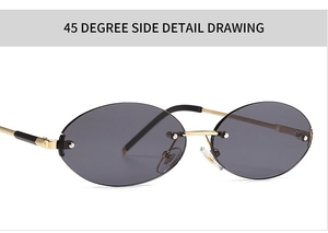 45-degree side detail of retro oval rimless sunglasses with gold metal temples