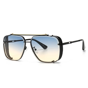 Modern retro square pilot sunglasses with black metal frame and blue-yellow gradient lenses
