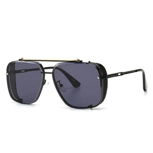 Retro square pilot sunglasses with side shields and black gold metal frame