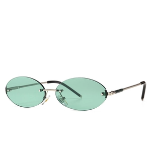 Retro rimless oval sunglasses with light green lenses and silver metal frame in front view