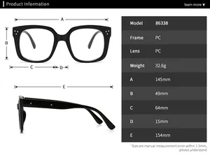 Detailed size chart for retro square sunglasses with frame and lens measurements