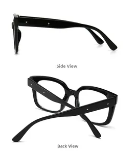 Detailed side and back view of retro square black sunglasses with silver dot accents