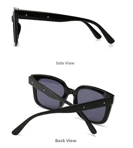Side and back view of retro square sunglasses with silver rivet accents on frame