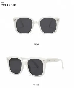 Front and 45-degree side views of modern square sunglasses in white ash with silver accents