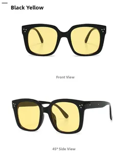 Front and 45-degree side views of black square sunglasses with yellow lenses and rivets