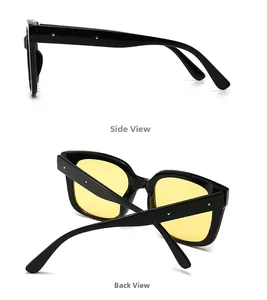 Side and back view of retro square sunglasses with thick black frames and yellow lenses