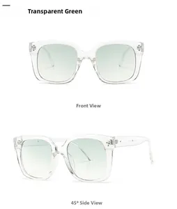 Detail view of modern square sunglasses with transparent green frames and gradient lenses