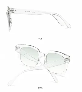 Side and back view of modern vintage square sunglasses with clear frames and light green lenses