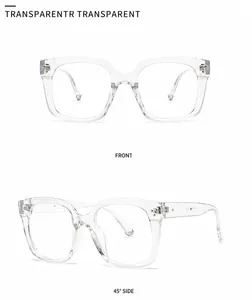 Front and 45-degree side view of modern square transparent full-rim sunglasses
