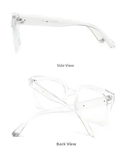 Detail view of transparent square frames showing metal hinges and size specifications
