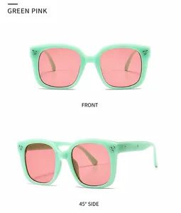 Front and 45-degree side view of mint green square sunglasses with translucent pink lenses