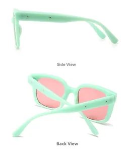 Detail view of mint green square sunglasses with pink lenses from side and back angles