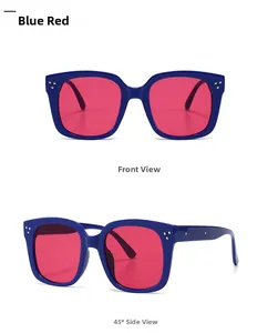 Front and 45-degree angle views of blue square sunglasses with red lenses and metal rivets