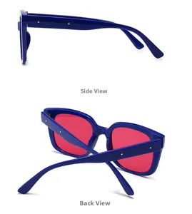 Side and back view of retro square sunglasses with deep blue frames and pink lenses