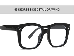 Detailed 45-degree side view of retro black square frames with silver metal rivet accents