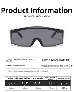 Size chart and dimensions for anti-fog protective safety glasses with grey PC lenses
