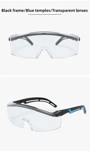 Dual-view details of anti-fog safety glasses with black frame and blue temple accents