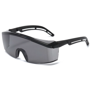 Protective safety goggles with black frame and grey anti-fog lenses for eye protection