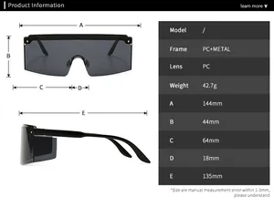 Sizing chart and technical specifications for square flat-top oversized sunglasses