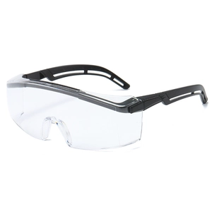 Anti-fog safety glasses with transparent wide-view lenses and black vented temples